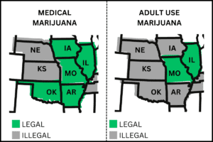 Map of Midwest showing which states legalized marijuana for adult or medical use